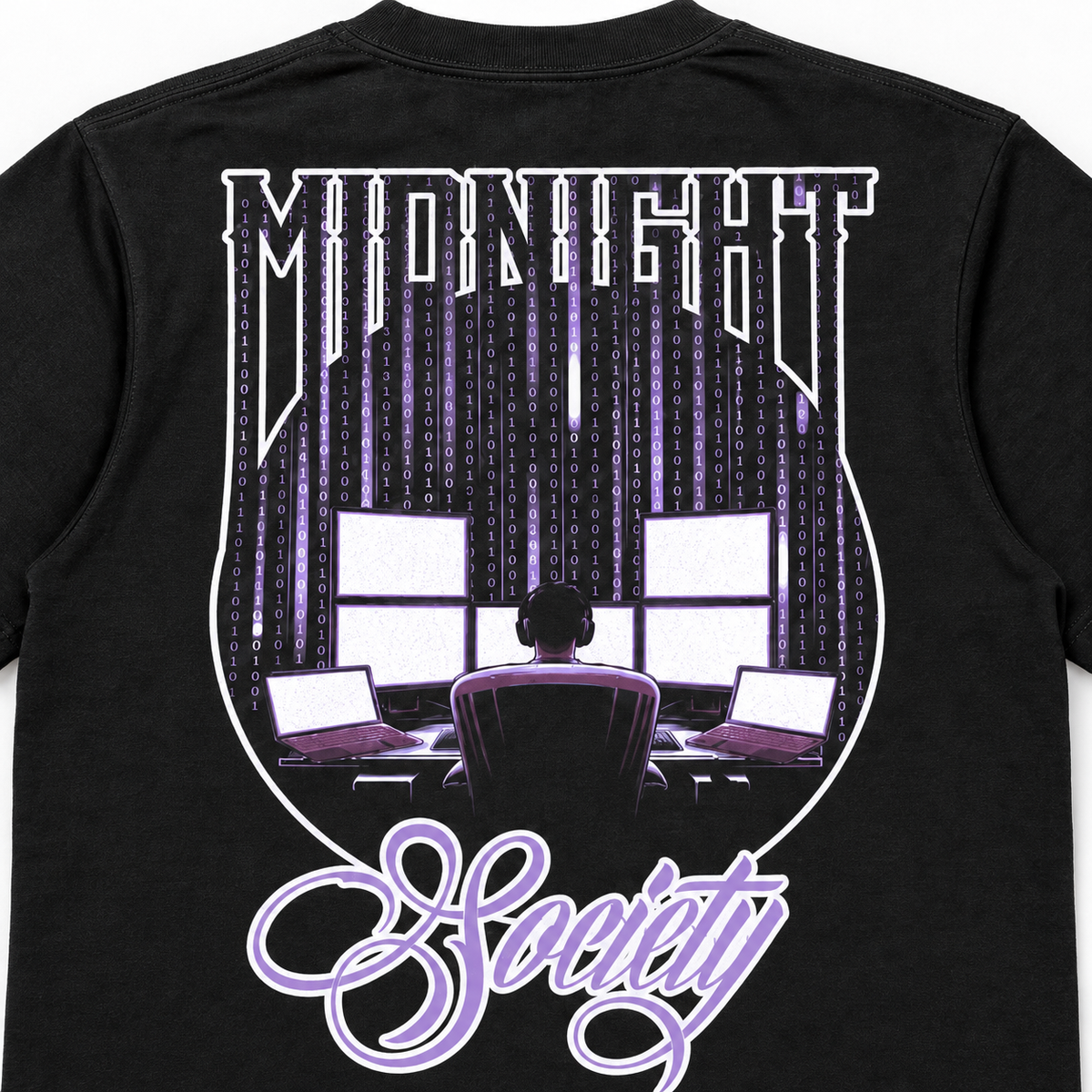 Close-up of the Midnight Matrix graphic print on the black Midnight Society T-shirt