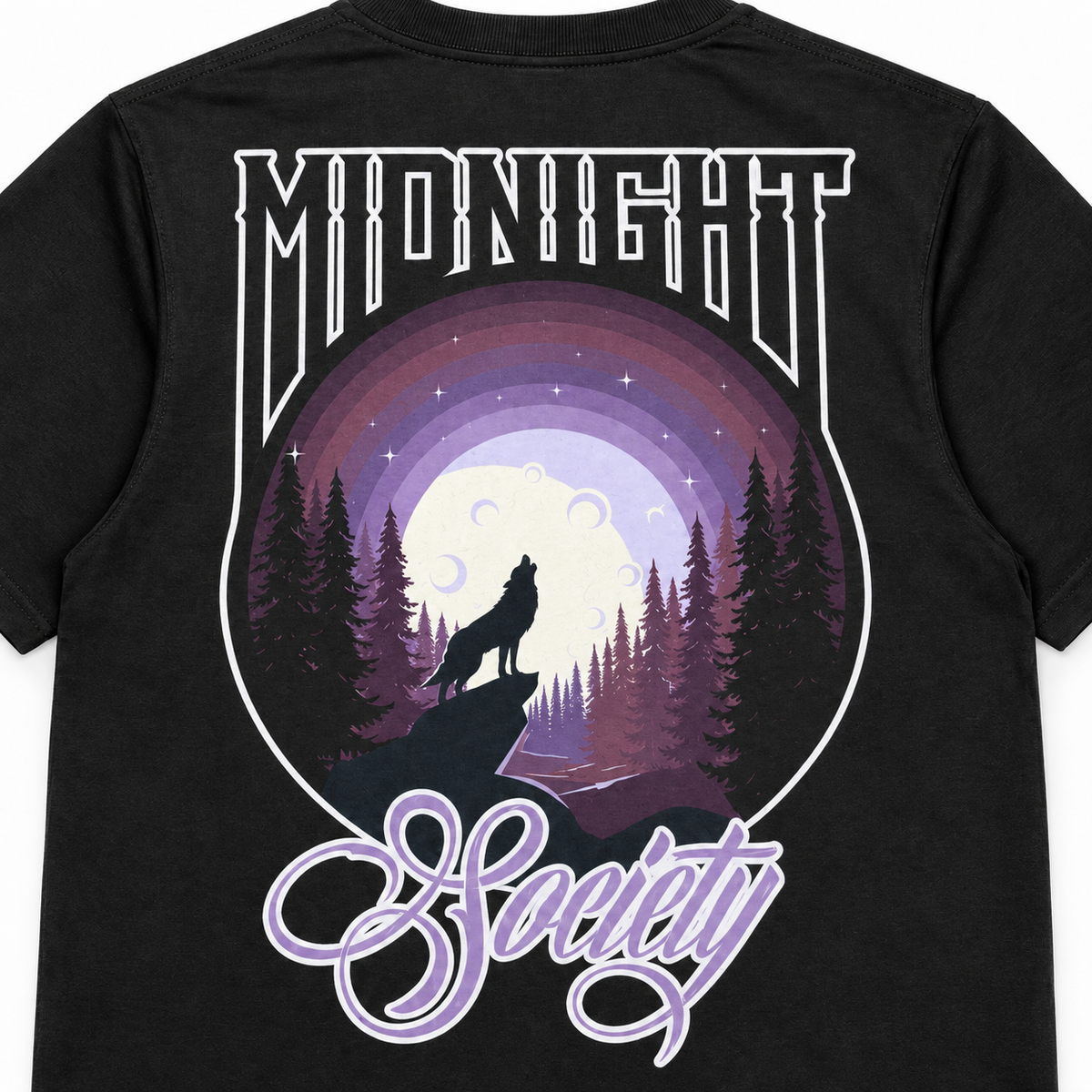 Close-up of the Night Howler graphic print on the black Midnight Society T-shirt