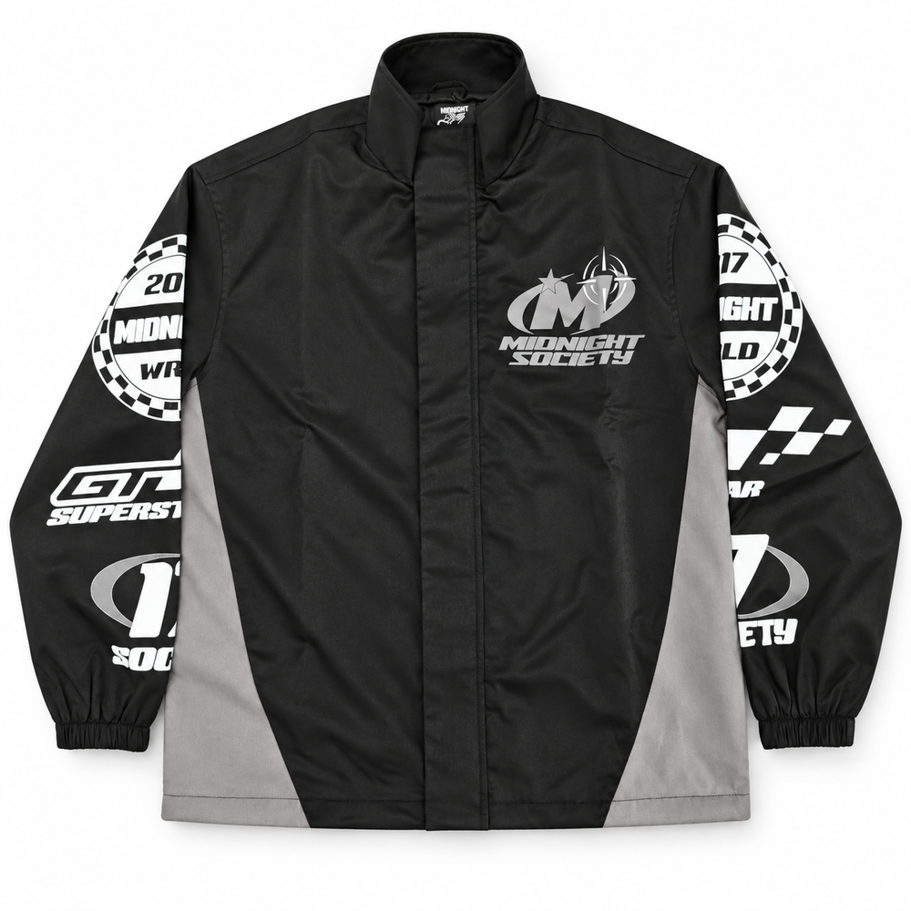 Midnight Society Shadow Racer racing-inspired track jacket, front view
