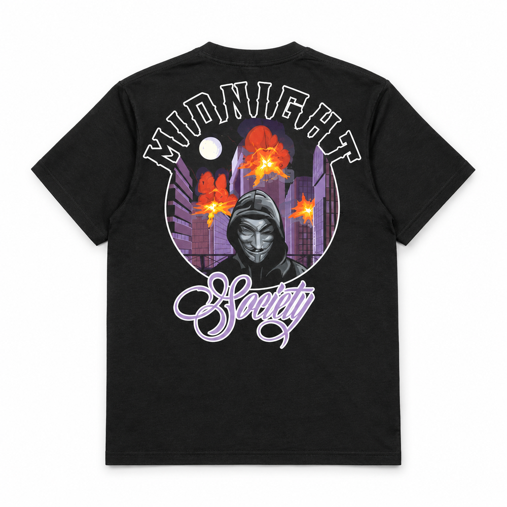 Vendetta oversized black graphic T-shirt by Midnight Society, back view