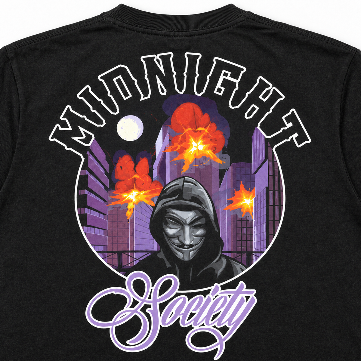 Close-up of the Vendetta graphic print on the black Midnight Society T-shirt