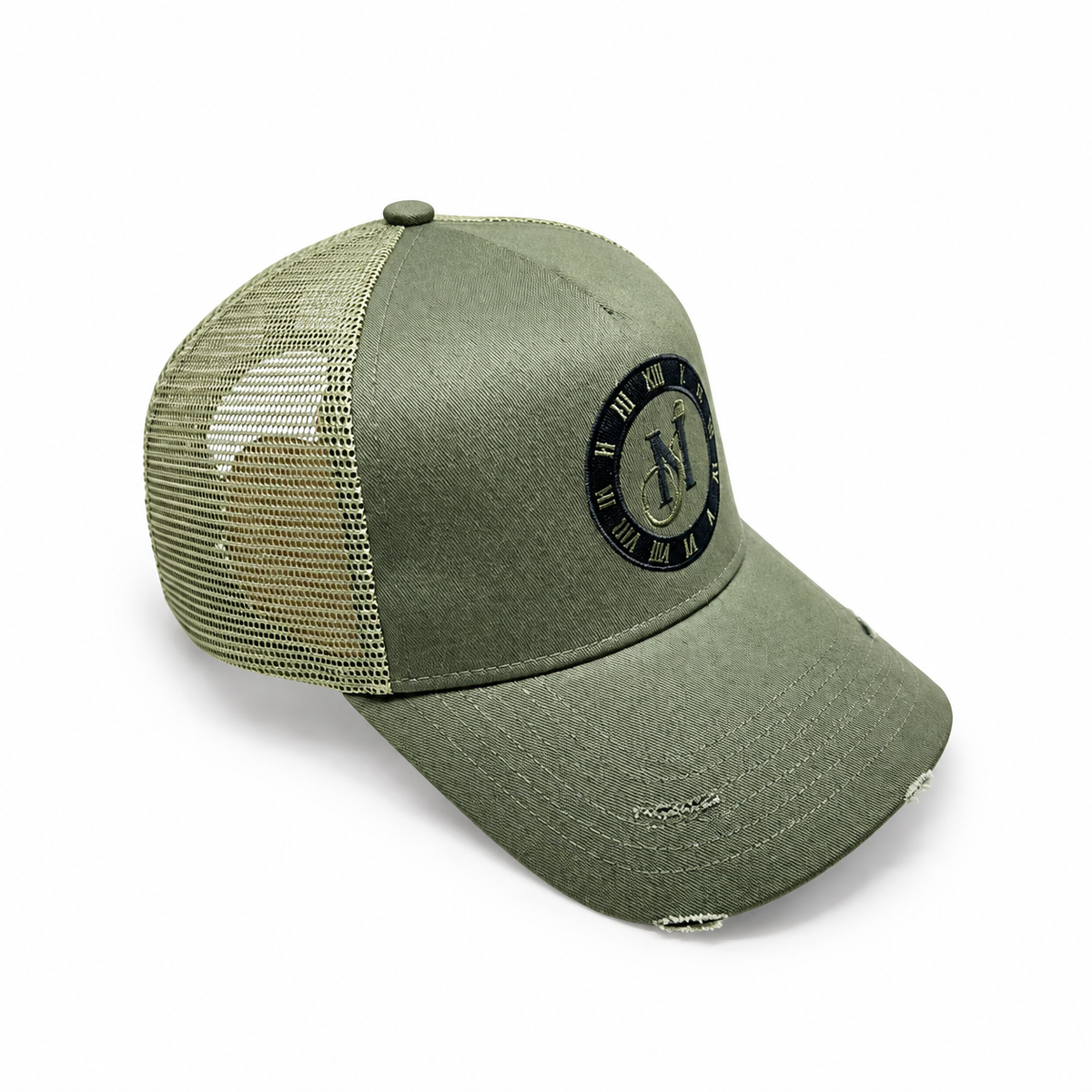 Khaki Distressed Snapback cap by Midnight Society, three-quarter view