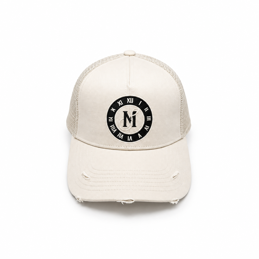 Midnight Society nude beige distressed snapback cap, front view