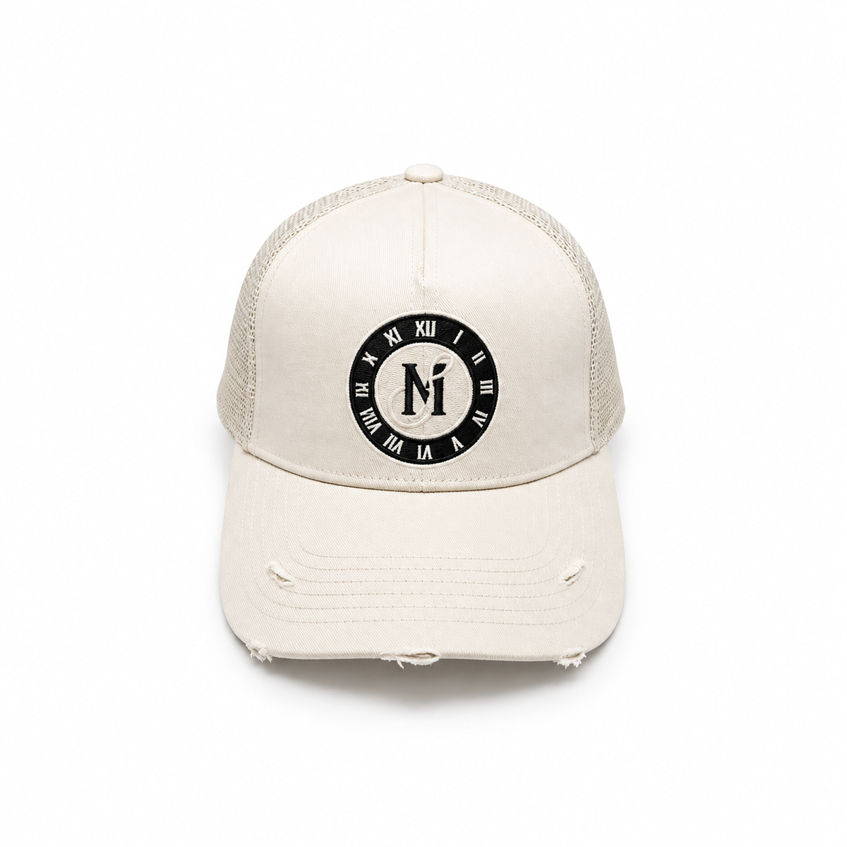Midnight Society nude beige distressed snapback cap, front view