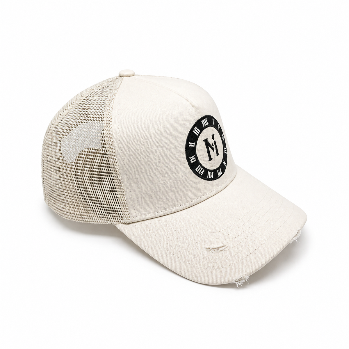 Nude beige distressed snapback cap by Midnight Society, three-quarter view