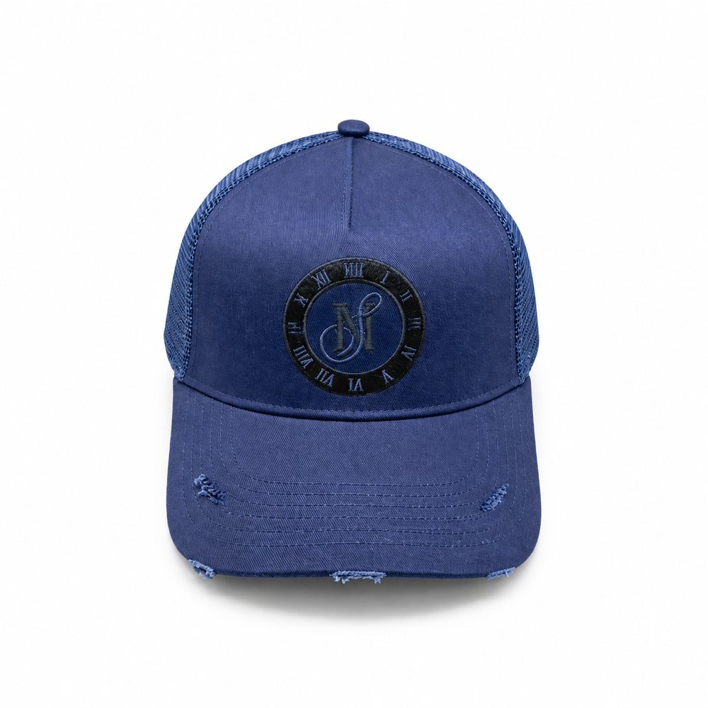 Midnight Society navy distressed snapback cap with MS Clock embroidery, front view