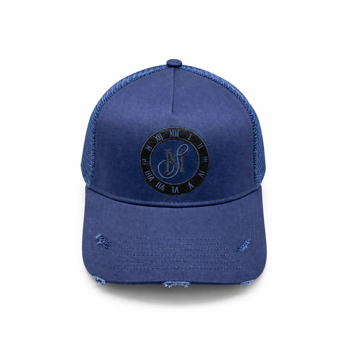 Midnight Society navy distressed snapback cap with MS Clock embroidery, front view