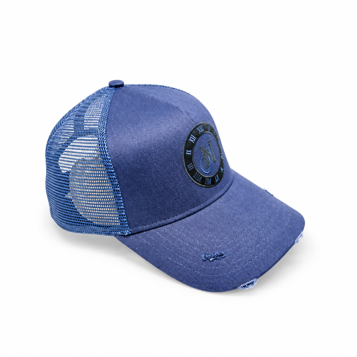 Navy Distressed Snapback cap by Midnight Society, three-quarter view