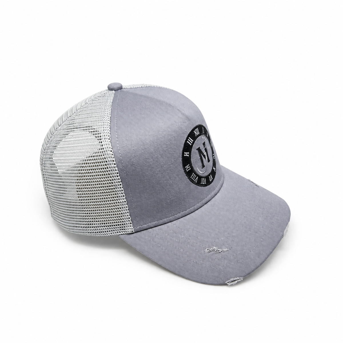 Grey distressed snapback cap by Midnight Society, three-quarter view