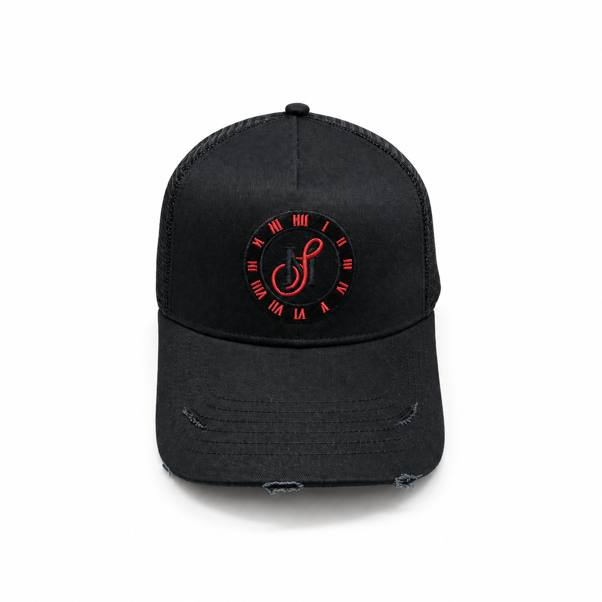 Midnight Society black distressed snapback cap with MS Clock embroidery, front view