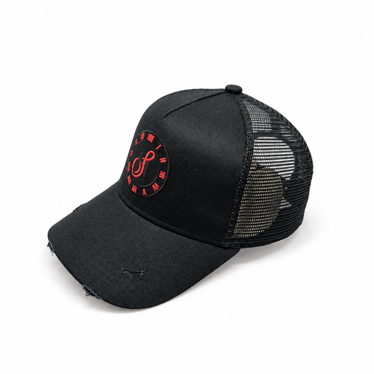 Black Distressed Snapback cap by Midnight Society, three-quarter view