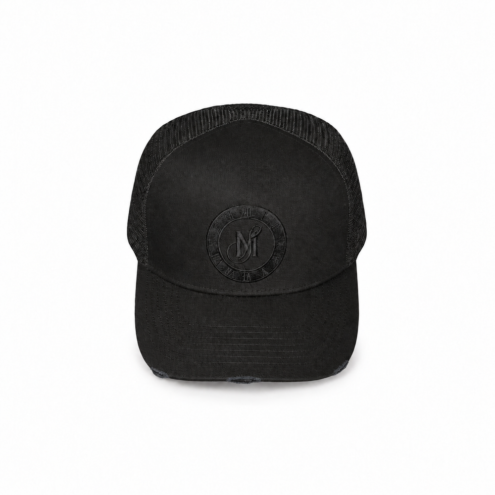 Midnight Society Triple Black distressed snapback cap, front view