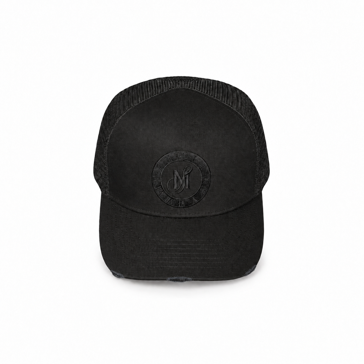 Midnight Society Triple Black distressed snapback cap, front view