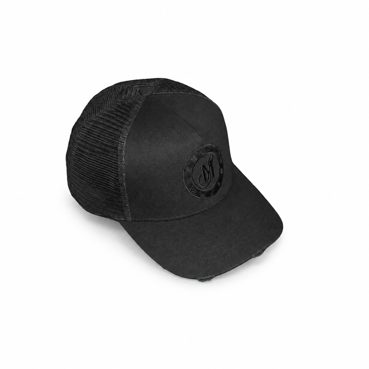 Triple Black distressed snapback cap by Midnight Society, three-quarter view