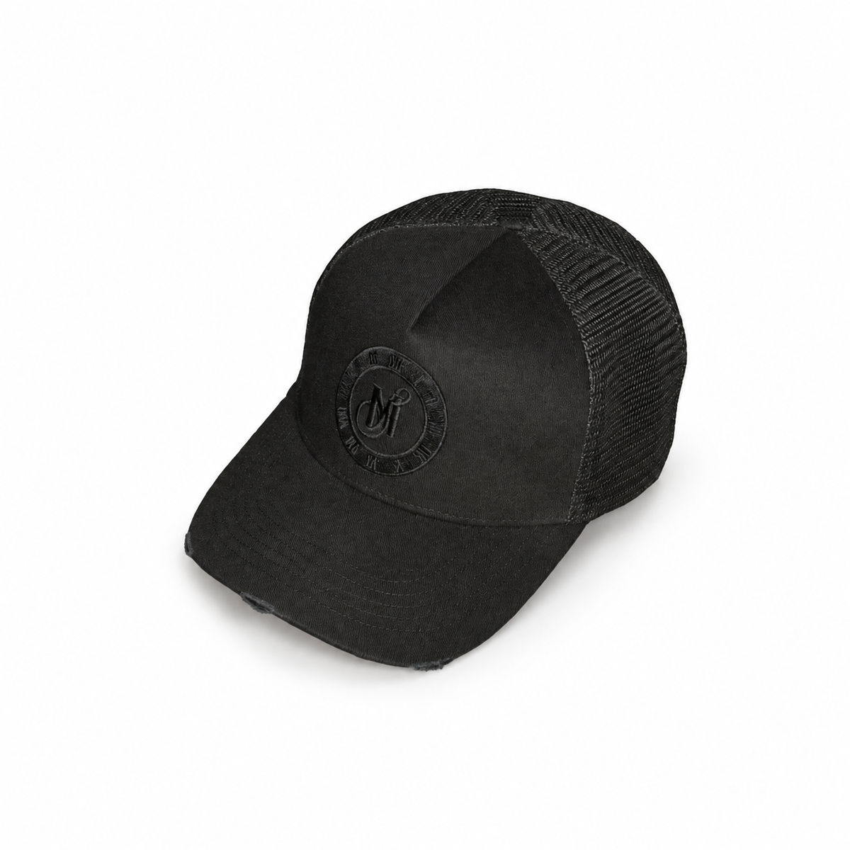 Triple Black distressed snapback cap by Midnight Society, opposite three-quarter view