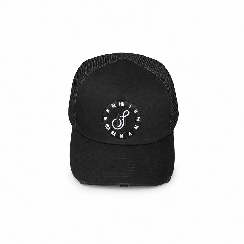 Black and White Distressed Snapback — front studio product photograph
