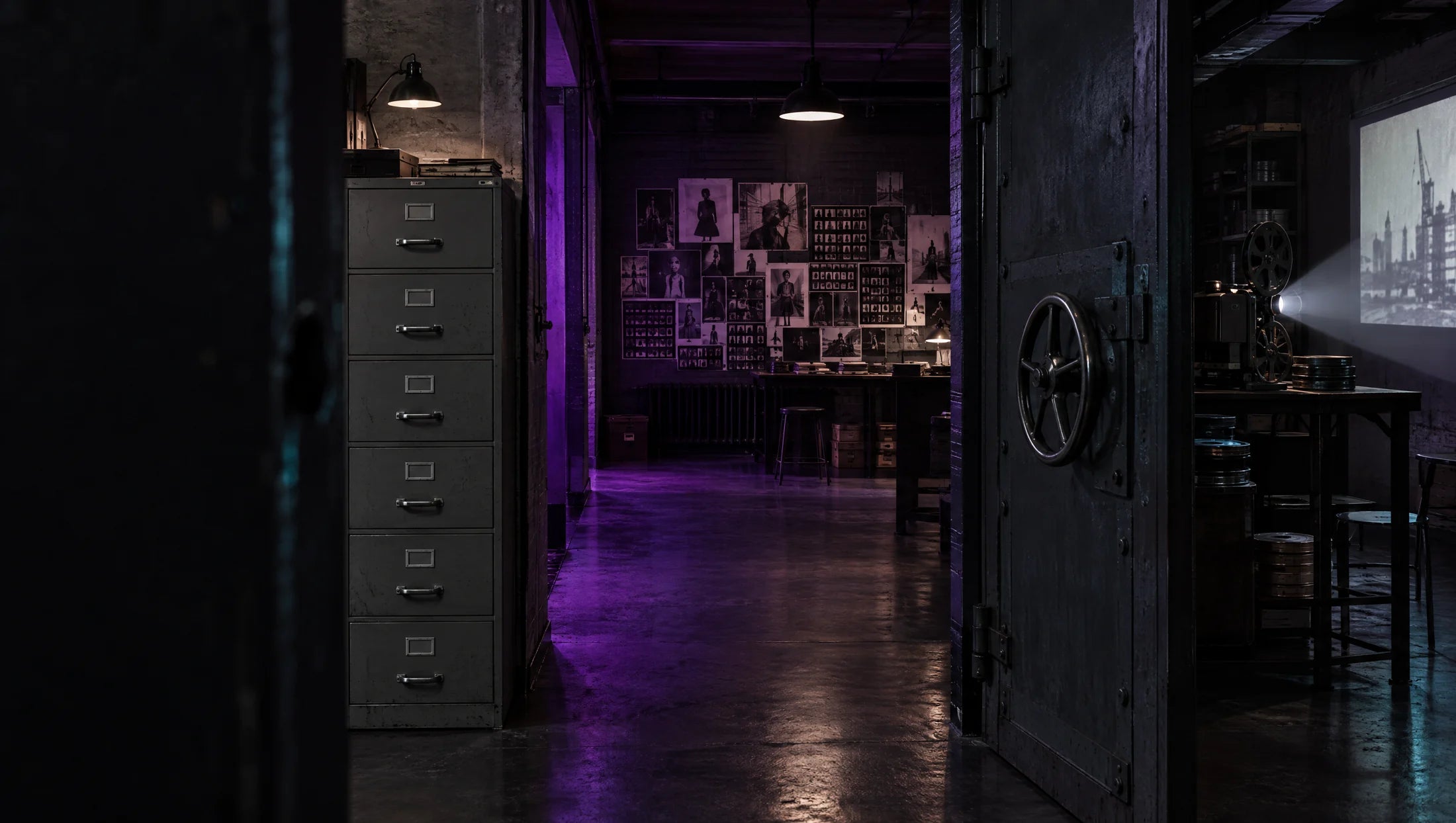 A corridor, archive drawers, a steel Vault and an analogue projector inside the Midnight Society headquarters